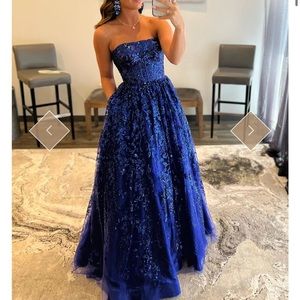 Royal Blue Sequin Appliqué Prom Dress Strapless